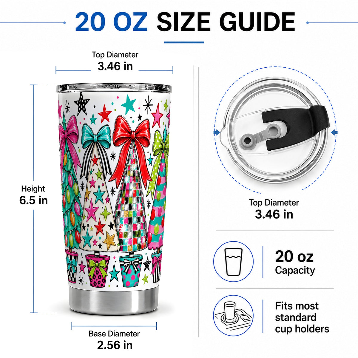 #pl[20oz|Steel] Colorful Bow Christmas Trees 20oz Tumbler, Whimsical Holiday Artwork
