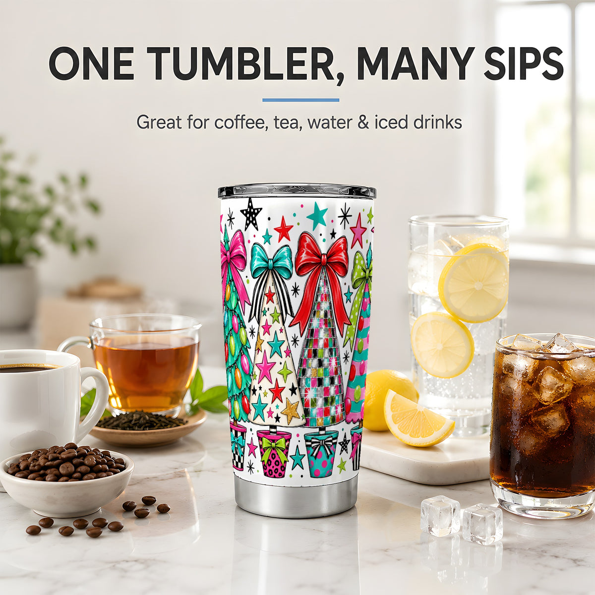 #pl[20oz|Steel] Colorful Bow Christmas Trees 20oz Tumbler, Whimsical Holiday Artwork