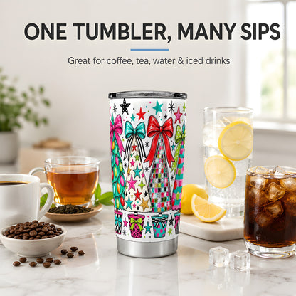 #pl[20oz|Steel] Colorful Bow Christmas Trees 20oz Tumbler, Whimsical Holiday Artwork