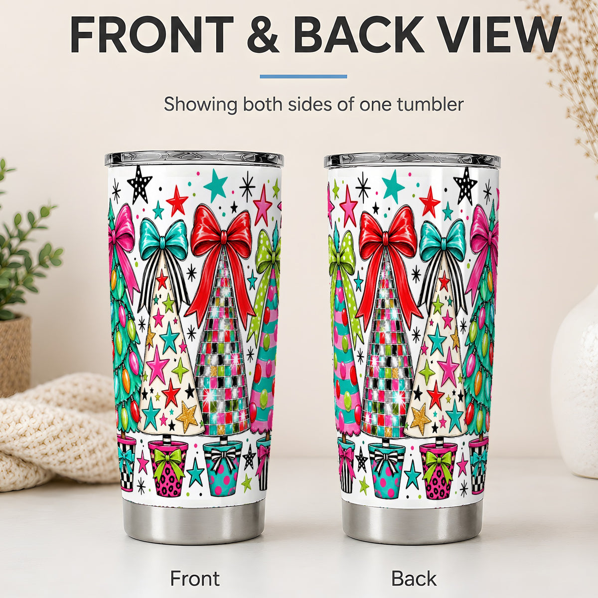 #pl[20oz|Steel] Colorful Bow Christmas Trees 20oz Tumbler, Whimsical Holiday Artwork