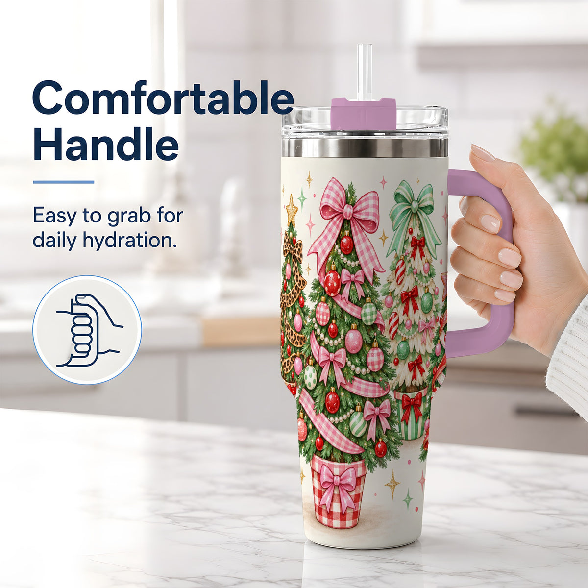 #pl[40oz|Pink] Patterned Potted Christmas Trees Tumbler, 40oz Stainless Steel Tumbler