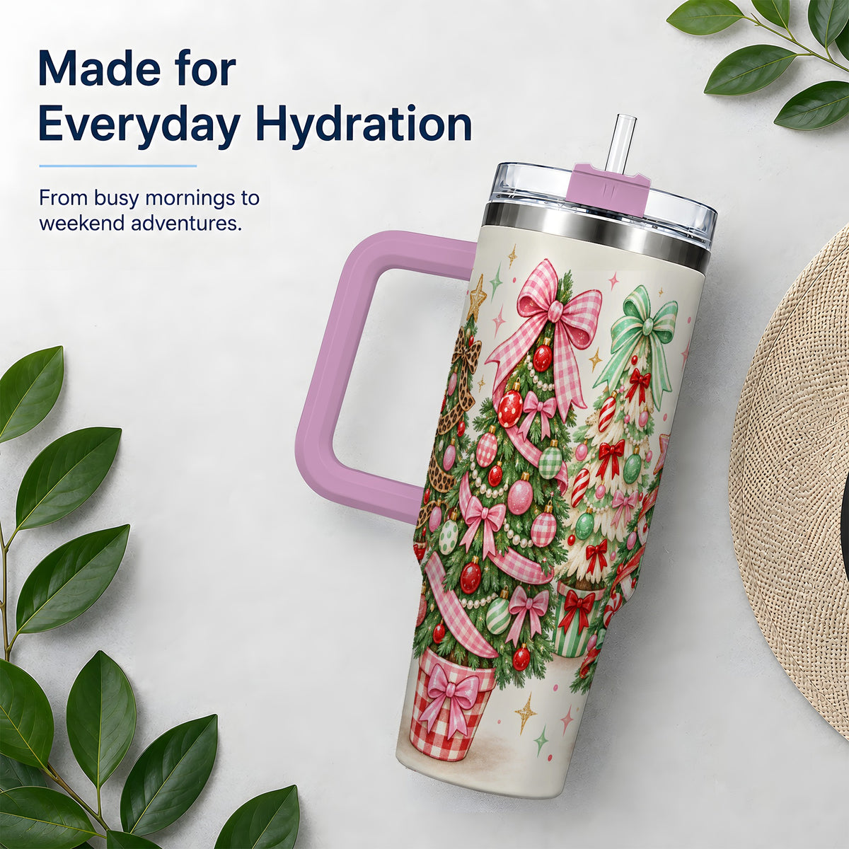 #pl[40oz|Pink] Patterned Potted Christmas Trees Tumbler, 40oz Stainless Steel Tumbler
