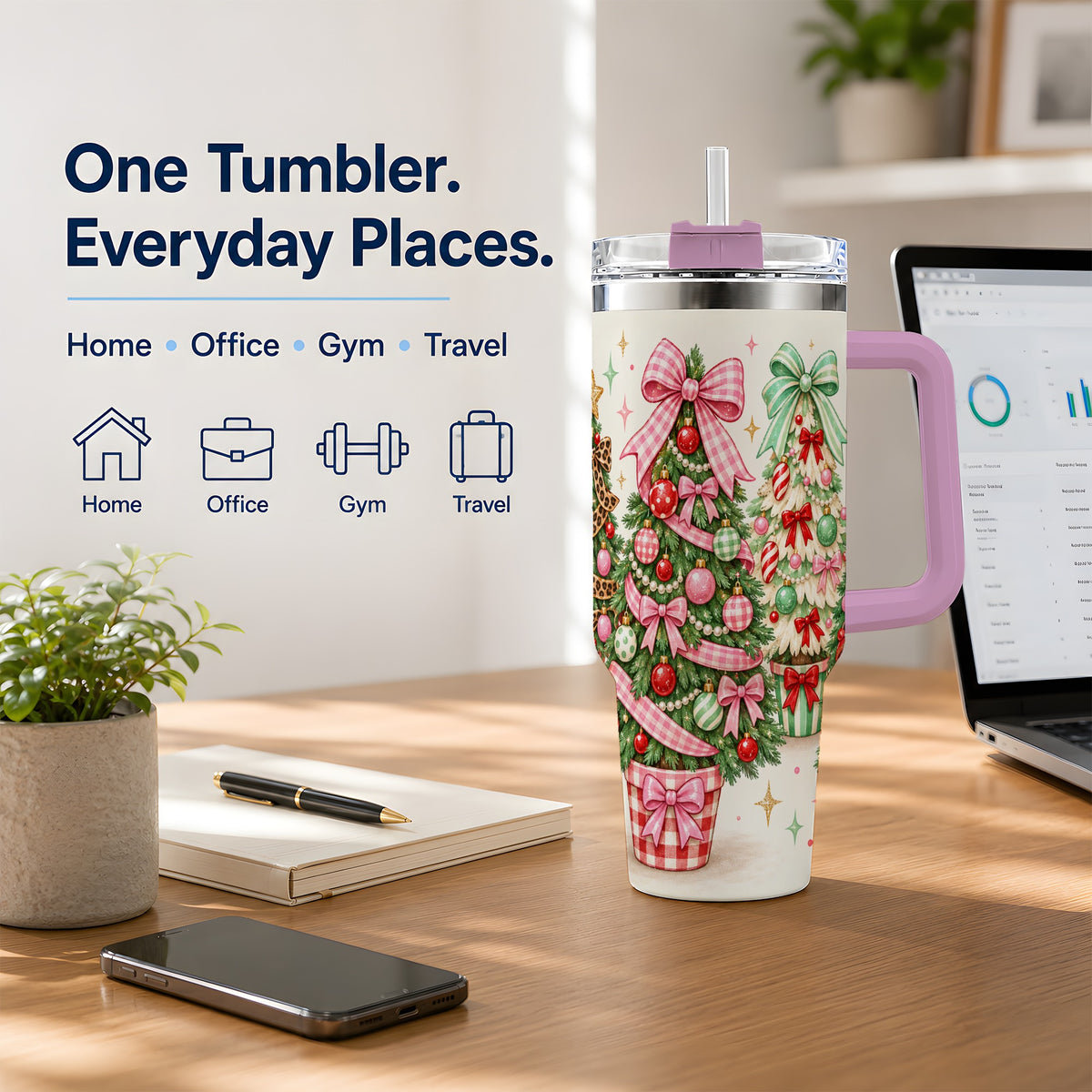 #pl[40oz|Pink] Patterned Potted Christmas Trees Tumbler, 40oz Stainless Steel Tumbler