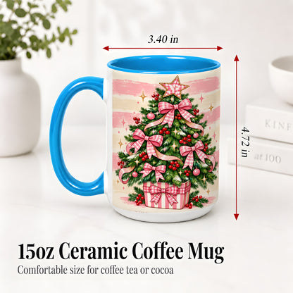 #pl[15oz|Blue] Pink Gingham Bow Christmas Tree Accent Mug, Ceramic Mug
