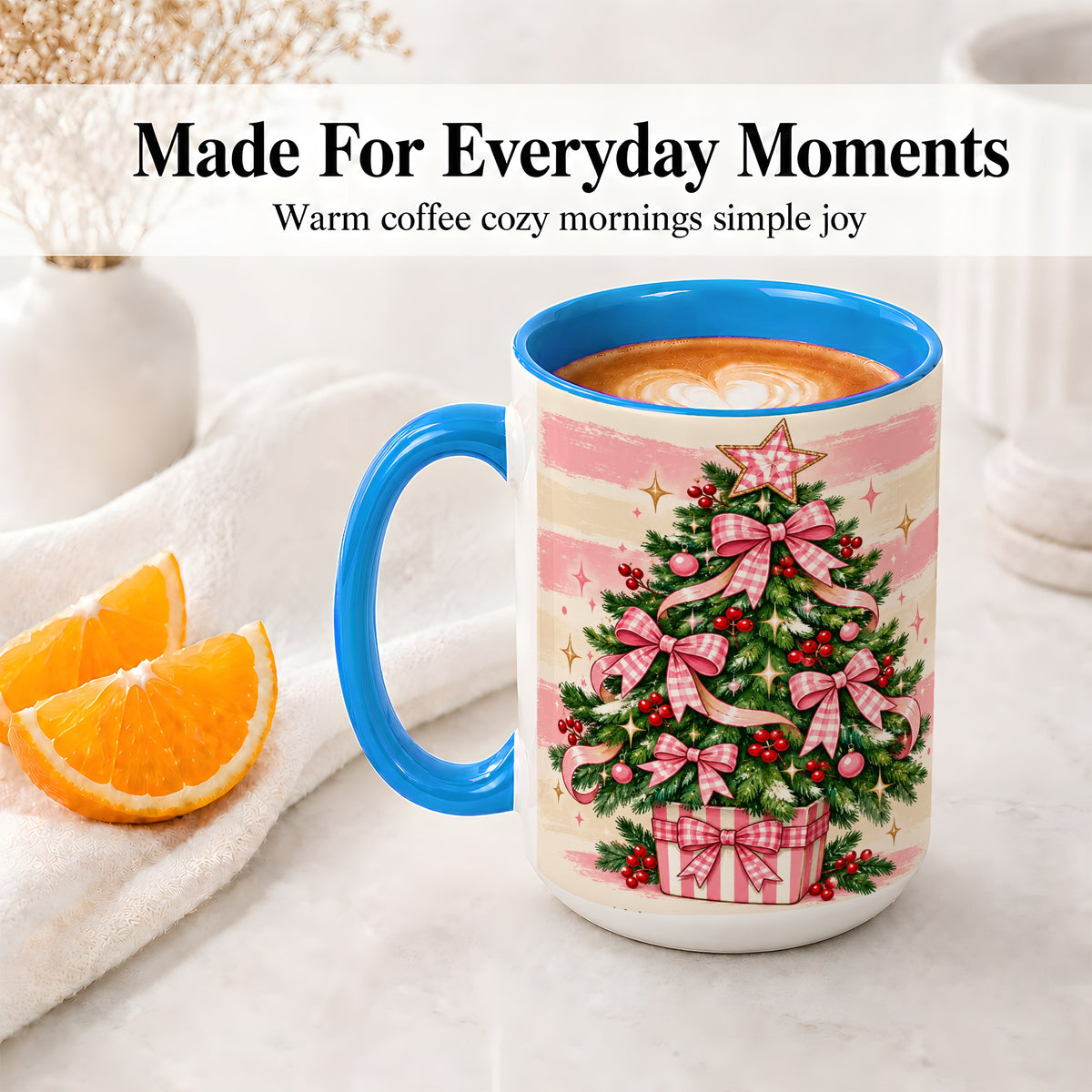 #pl[15oz|Blue] Pink Gingham Bow Christmas Tree Accent Mug, Ceramic Mug