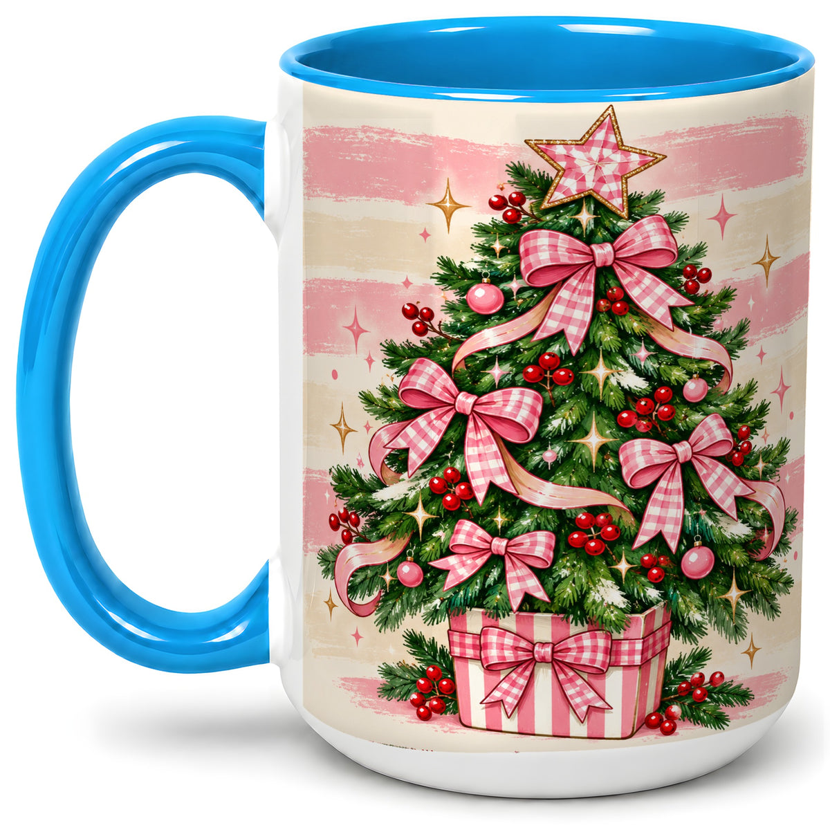 #pl[15oz|Blue] Pink Gingham Bow Christmas Tree Accent Mug, Ceramic Mug