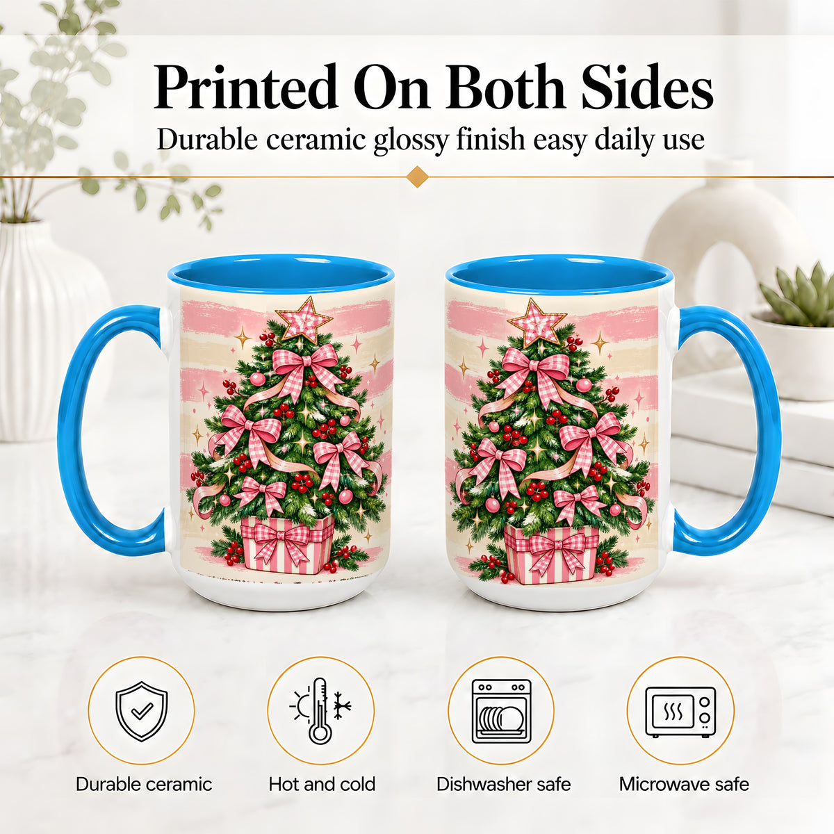 #pl[15oz|Blue] Pink Gingham Bow Christmas Tree Accent Mug, Ceramic Mug