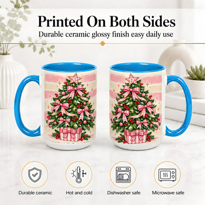 #pl[15oz|Blue] Pink Gingham Bow Christmas Tree Accent Mug, Ceramic Mug