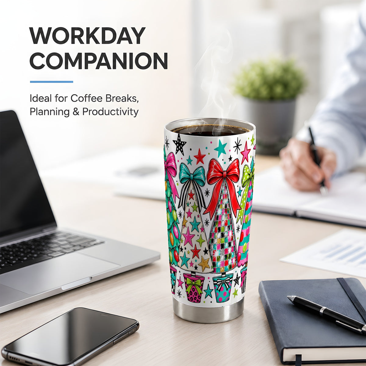 #pl[20oz|Steel] Colorful Bow Christmas Trees 20oz Tumbler, Whimsical Holiday Artwork