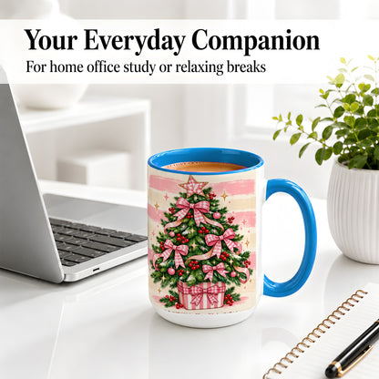 #pl[15oz|Blue] Pink Gingham Bow Christmas Tree Accent Mug, Ceramic Mug