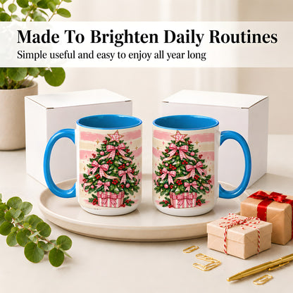 #pl[15oz|Blue] Pink Gingham Bow Christmas Tree Accent Mug, Ceramic Mug
