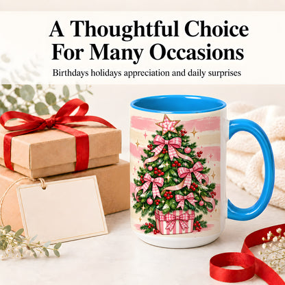 #pl[15oz|Blue] Pink Gingham Bow Christmas Tree Accent Mug, Ceramic Mug