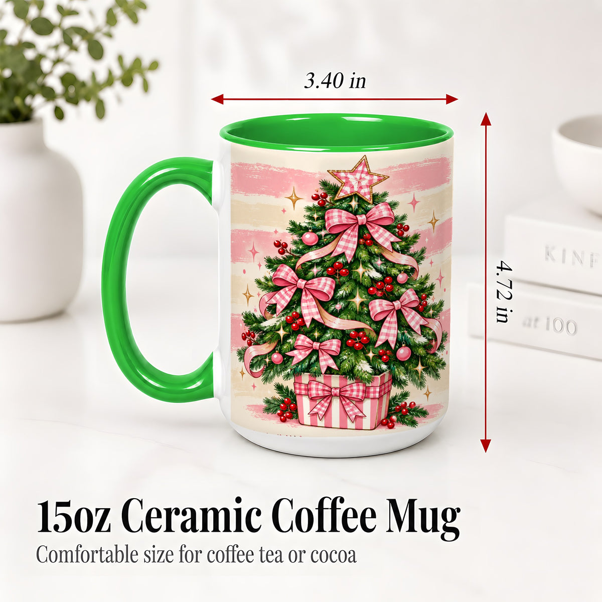 #pl[15oz|Green] Pink Gingham Bow Christmas Tree Accent Mug, Ceramic Mug