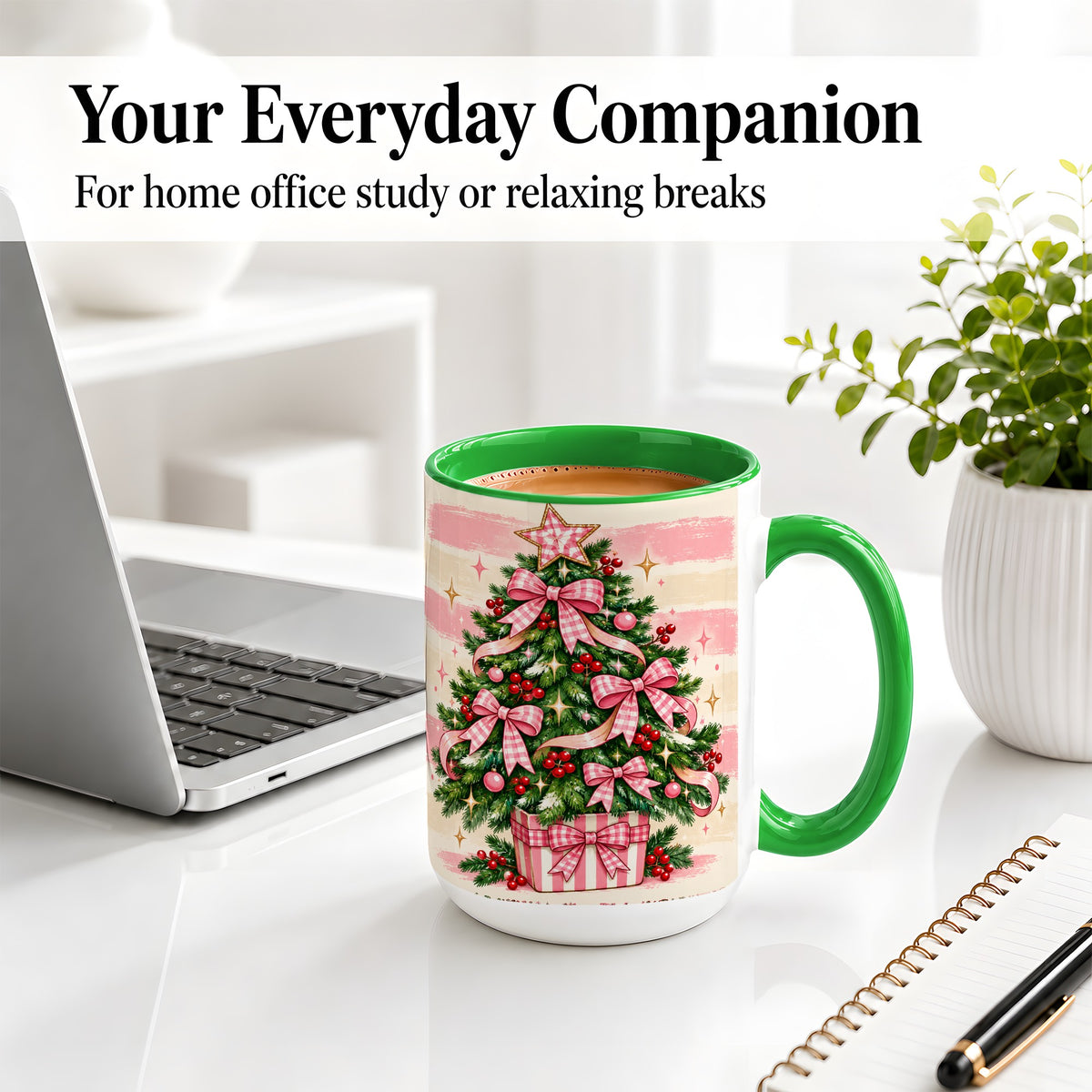 #pl[15oz|Green] Pink Gingham Bow Christmas Tree Accent Mug, Ceramic Mug