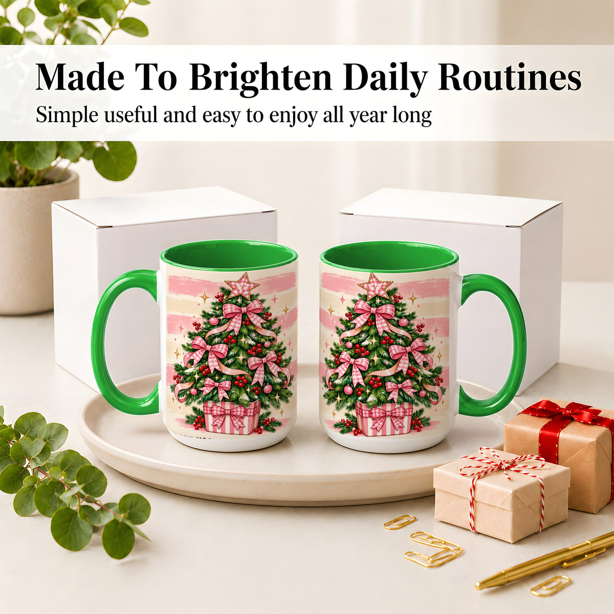 #pl[15oz|Green] Pink Gingham Bow Christmas Tree Accent Mug, Ceramic Mug