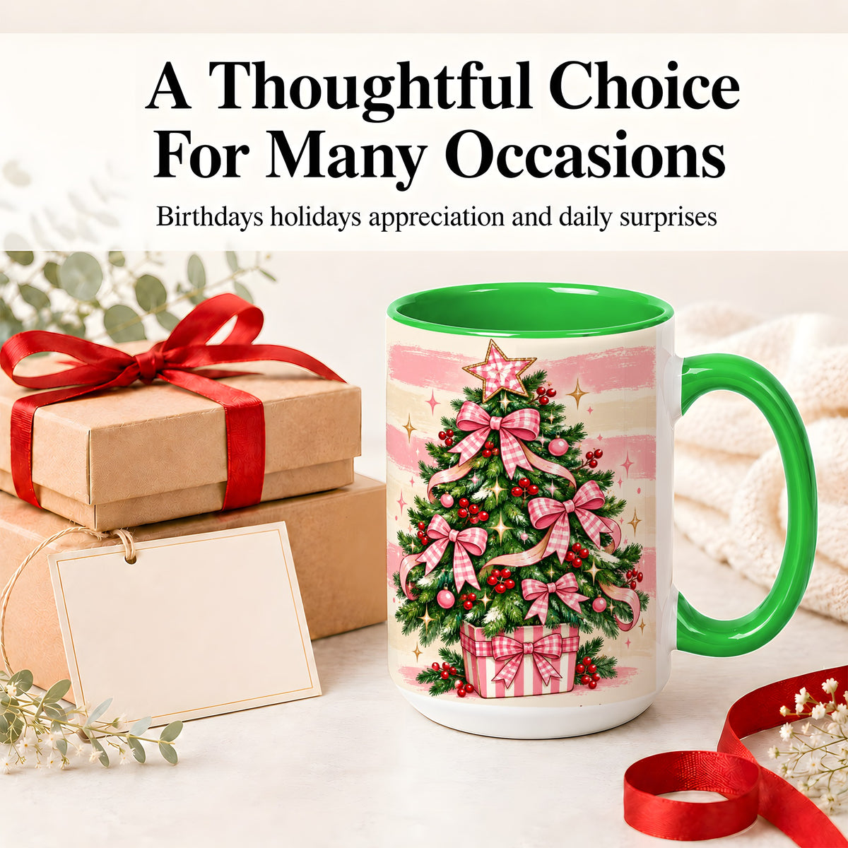 #pl[15oz|Green] Pink Gingham Bow Christmas Tree Accent Mug, Ceramic Mug