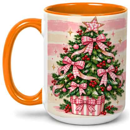#pl[15oz|Orange] Pink Gingham Bow Christmas Tree Accent Mug, Ceramic Mug