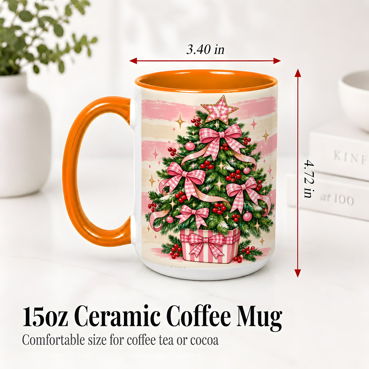 #pl[15oz|Orange] Pink Gingham Bow Christmas Tree Accent Mug, Ceramic Mug