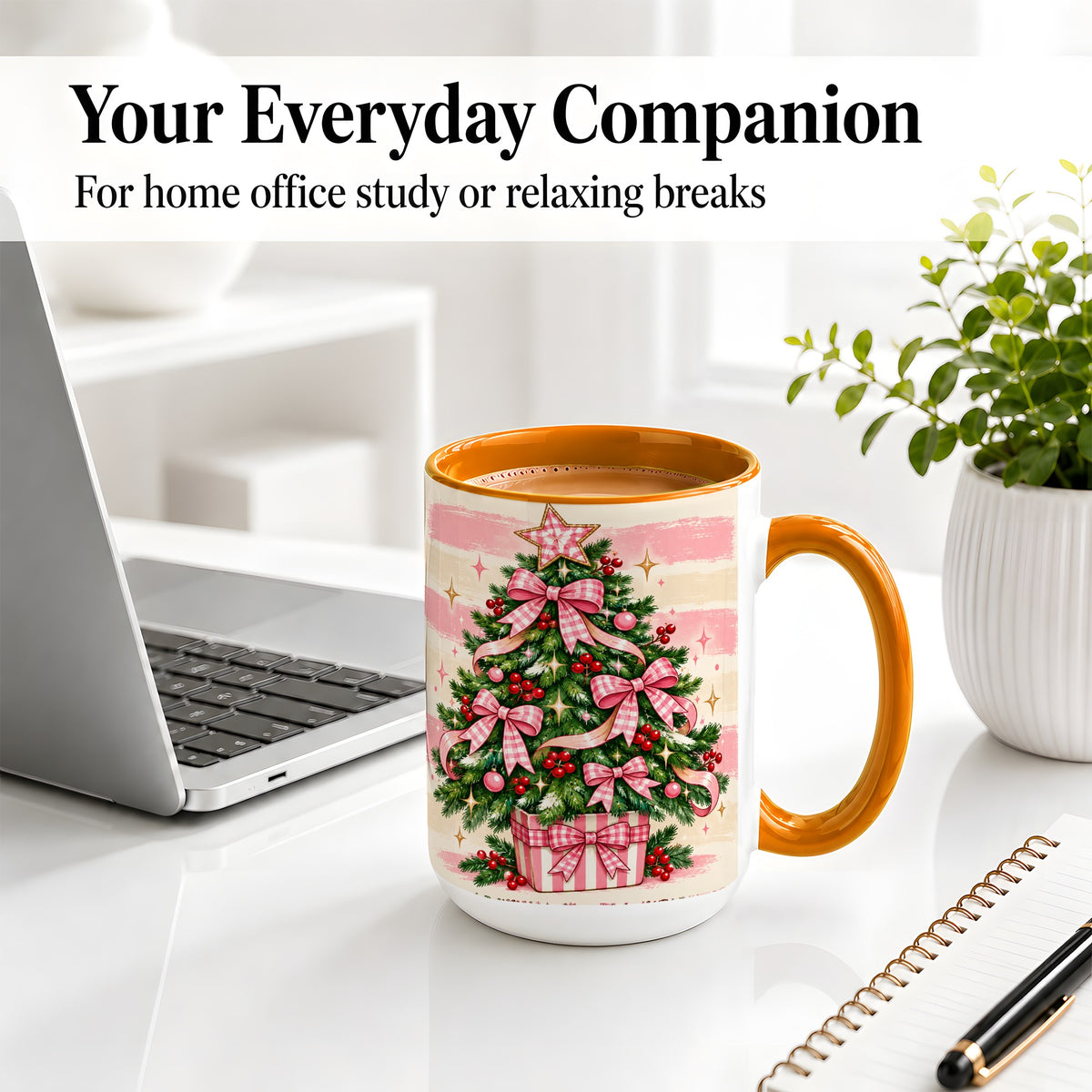 #pl[15oz|Orange] Pink Gingham Bow Christmas Tree Accent Mug, Ceramic Mug