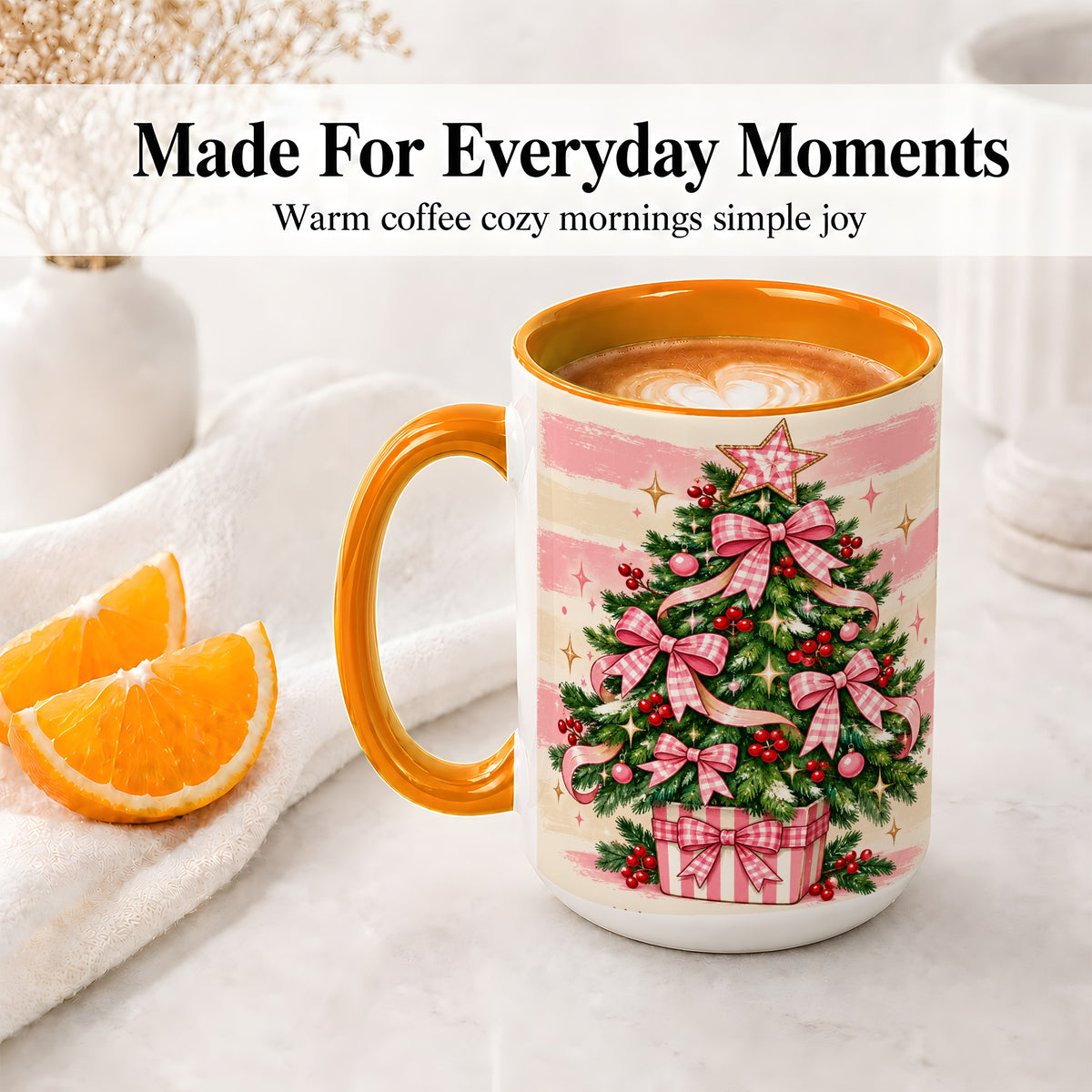 #pl[15oz|Orange] Pink Gingham Bow Christmas Tree Accent Mug, Ceramic Mug