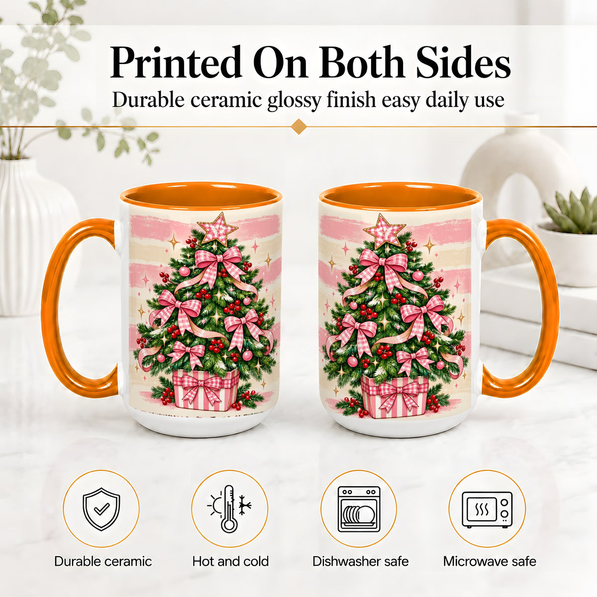 #pl[15oz|Orange] Pink Gingham Bow Christmas Tree Accent Mug, Ceramic Mug