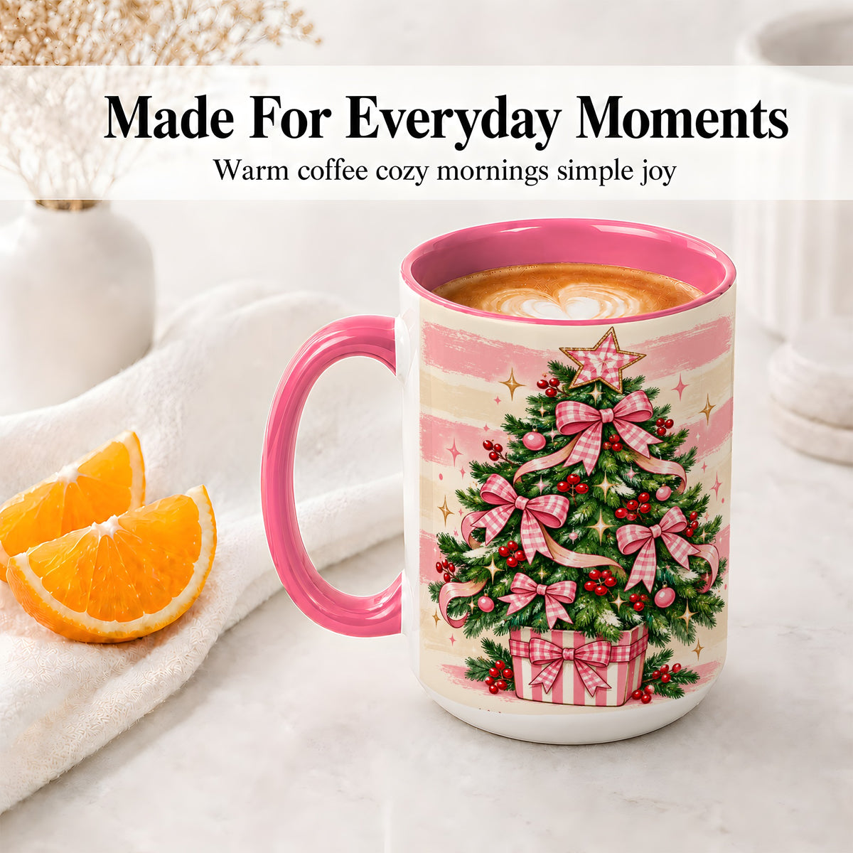 #pl[15oz|Pink] Pink Gingham Bow Christmas Tree Accent Mug, Ceramic Mug