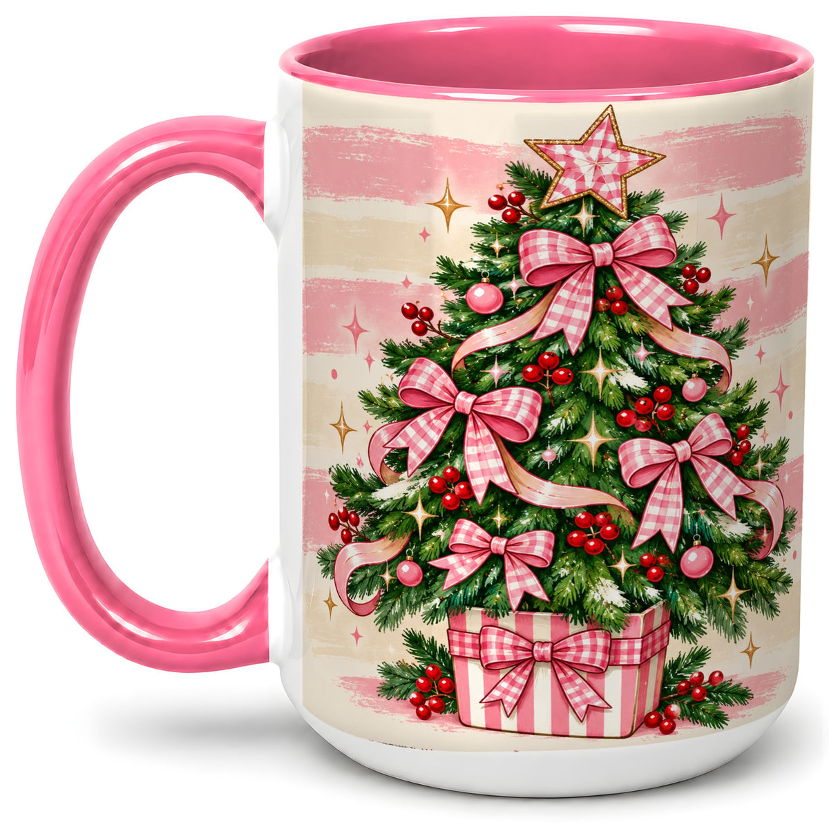 #pl[15oz|Pink] Pink Gingham Bow Christmas Tree Accent Mug, Ceramic Mug