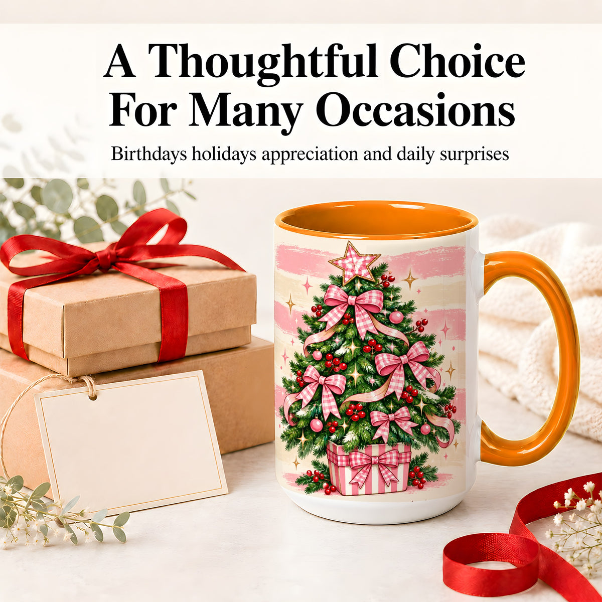 #pl[15oz|Orange] Pink Gingham Bow Christmas Tree Accent Mug, Ceramic Mug
