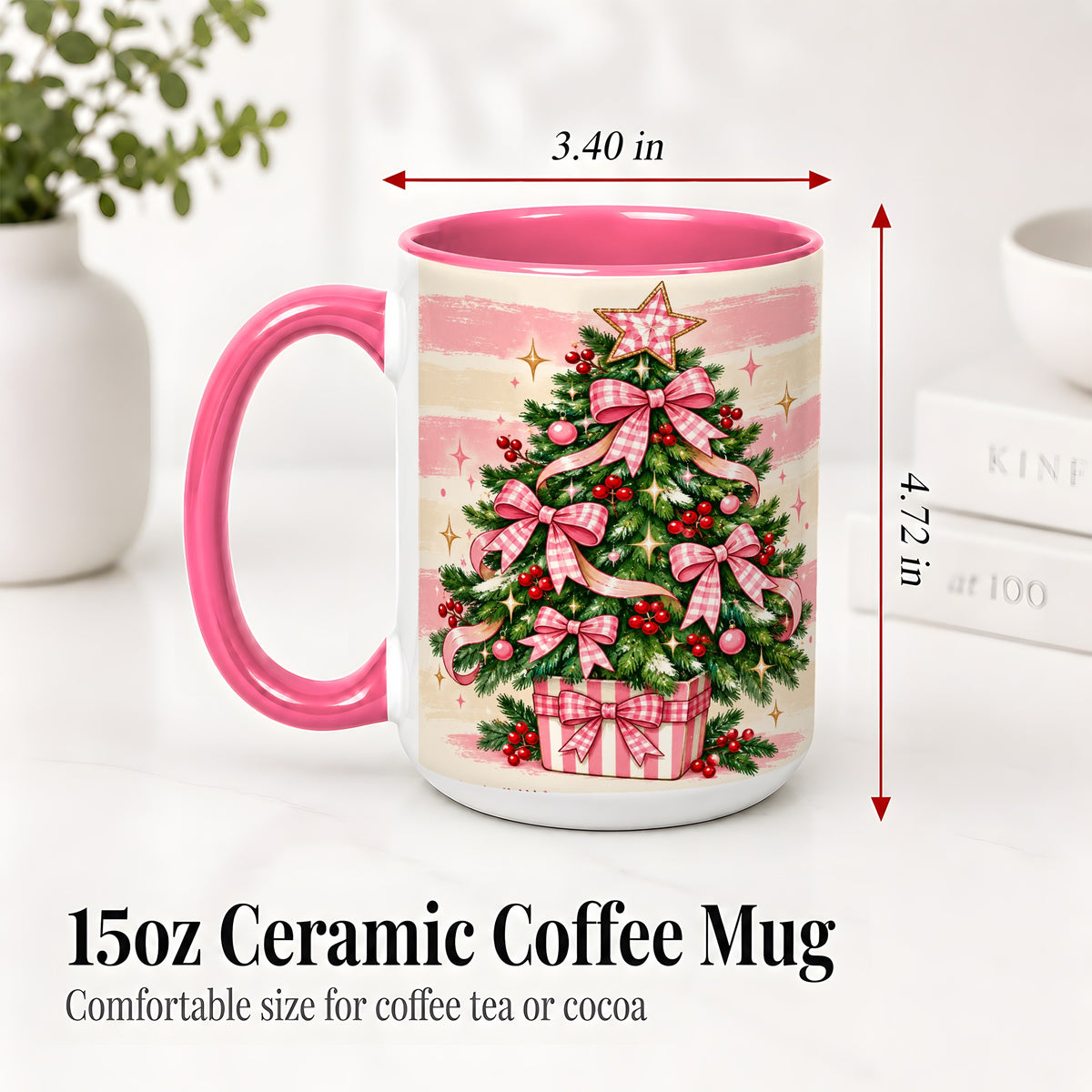 #pl[15oz|Pink] Pink Gingham Bow Christmas Tree Accent Mug, Ceramic Mug