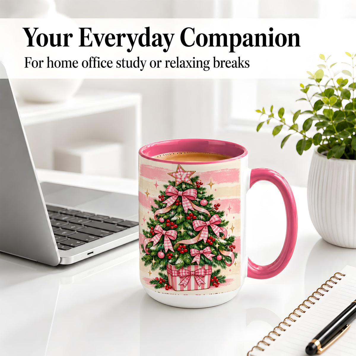 #pl[15oz|Pink] Pink Gingham Bow Christmas Tree Accent Mug, Ceramic Mug