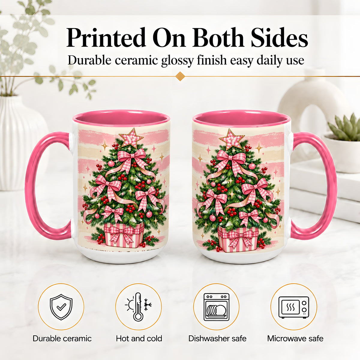 #pl[15oz|Pink] Pink Gingham Bow Christmas Tree Accent Mug, Ceramic Mug