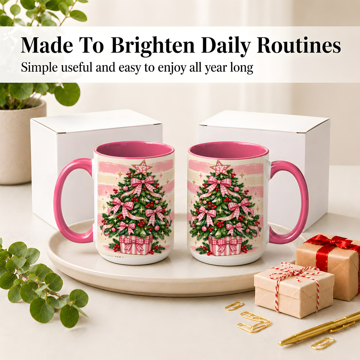 #pl[15oz|Pink] Pink Gingham Bow Christmas Tree Accent Mug, Ceramic Mug
