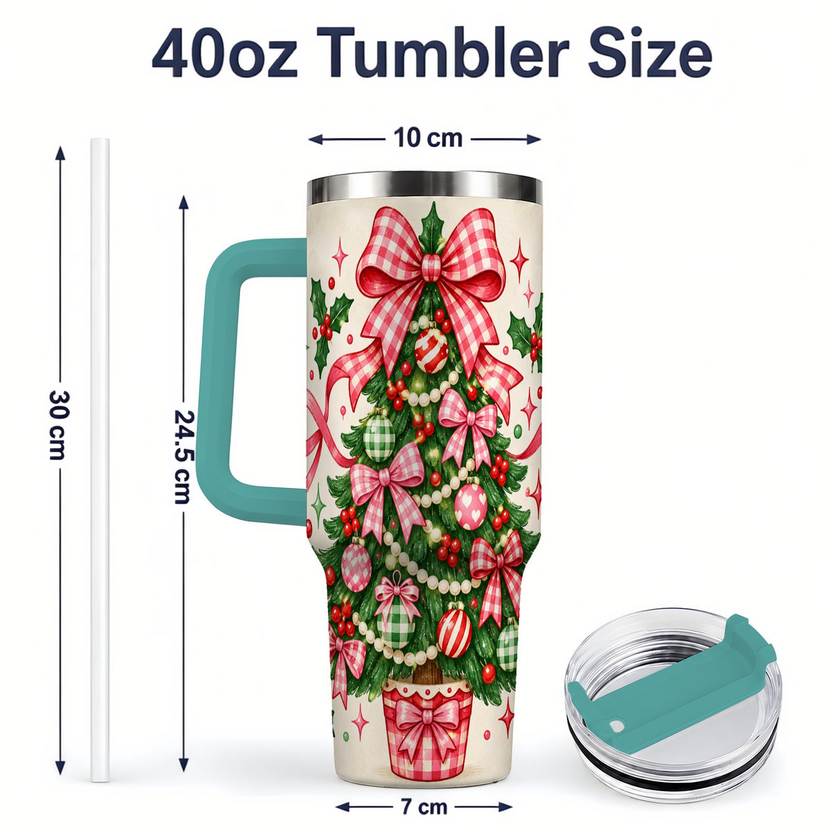 #pl[40oz|Green] Pink Gingham Bow Christmas Tree Tumbler, 40oz Stainless Steel Tumbler