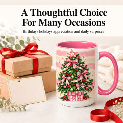 #pl[15oz|Pink] Pink Gingham Bow Christmas Tree Accent Mug, Ceramic Mug