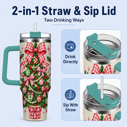 #pl[40oz|Green] Pink Gingham Bow Christmas Tree Tumbler, 40oz Stainless Steel Tumbler