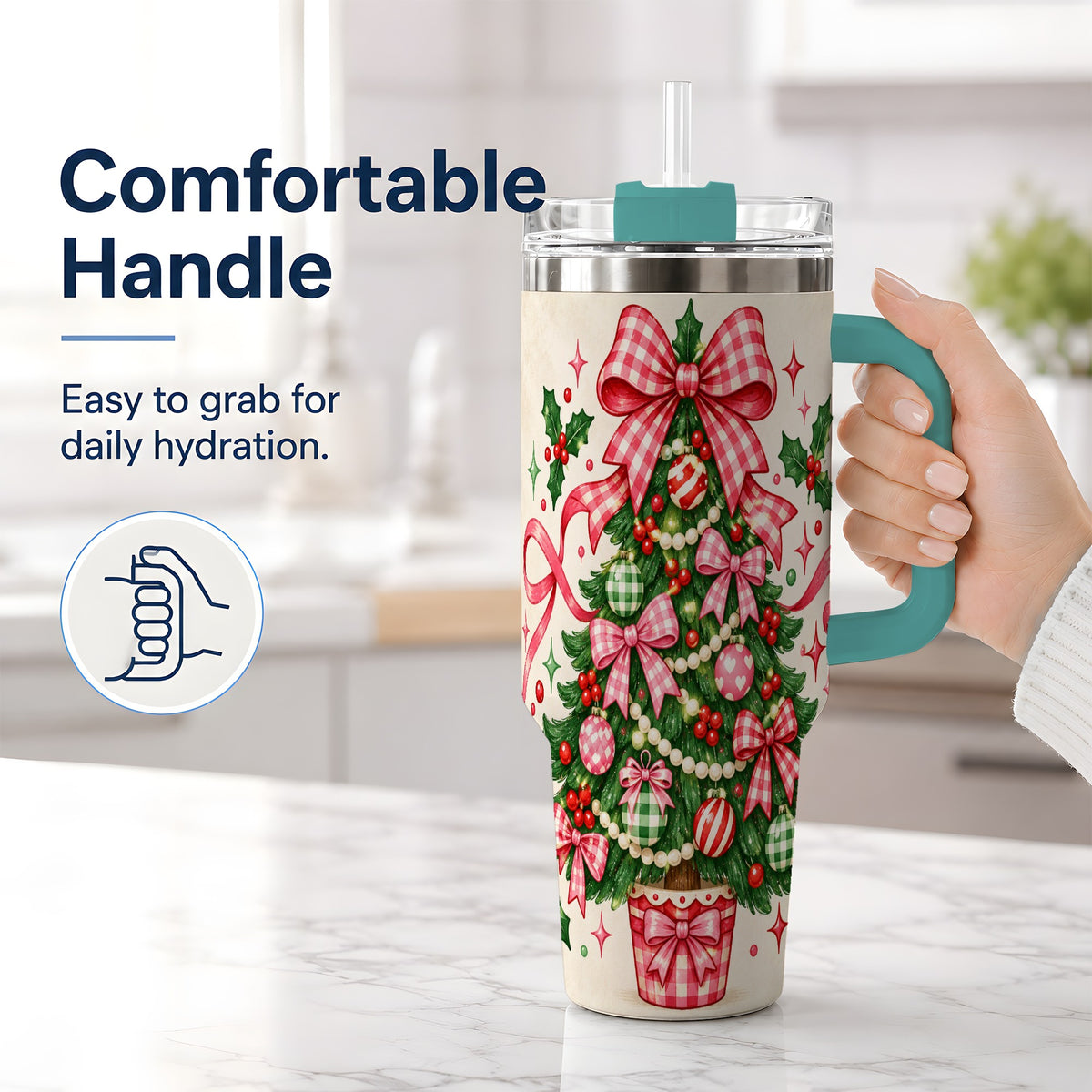 #pl[40oz|Green] Pink Gingham Bow Christmas Tree Tumbler, 40oz Stainless Steel Tumbler