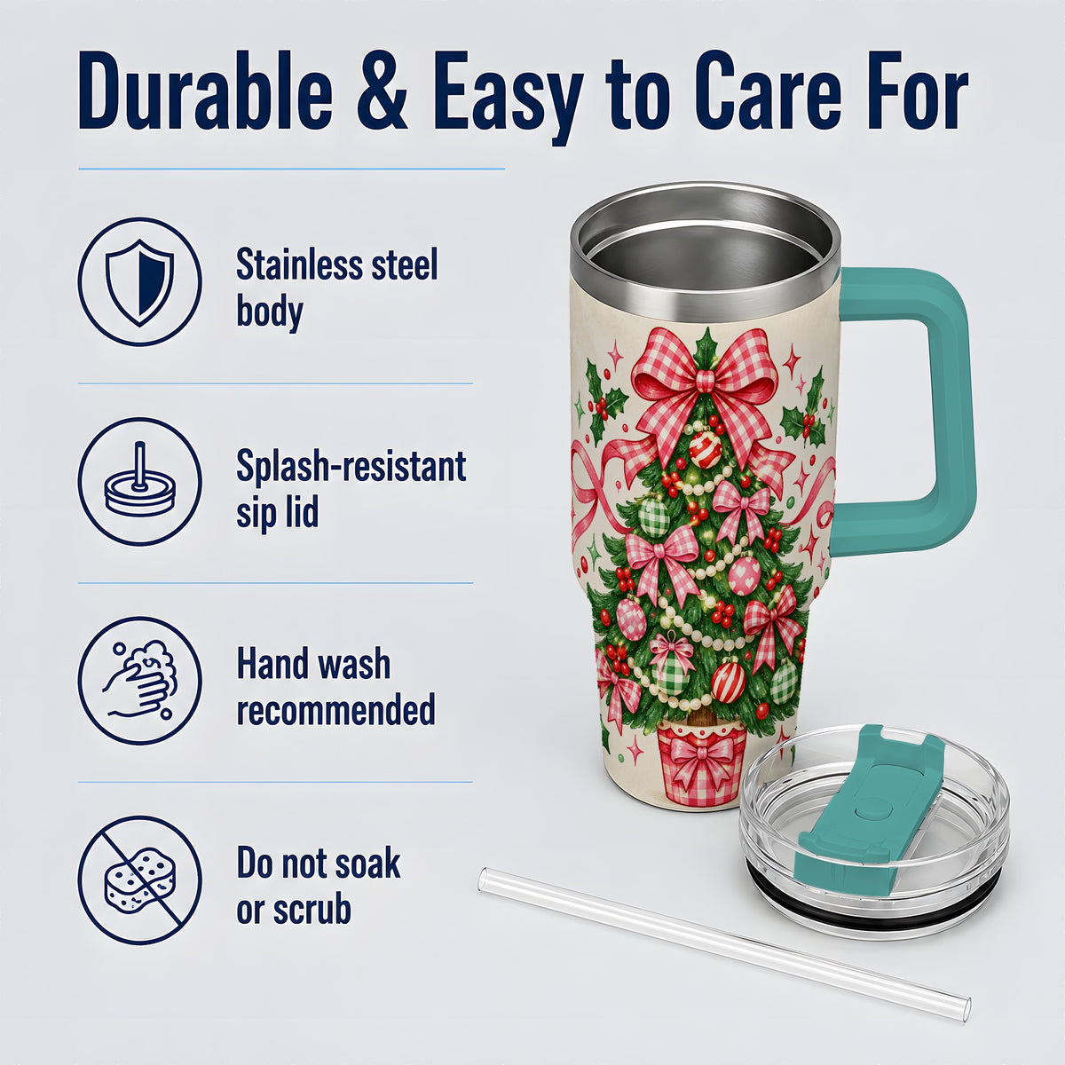 #pl[40oz|Green] Pink Gingham Bow Christmas Tree Tumbler, 40oz Stainless Steel Tumbler