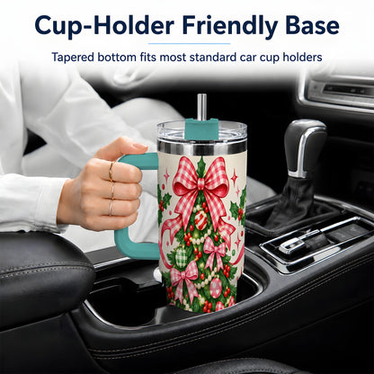 #pl[40oz|Green] Pink Gingham Bow Christmas Tree Tumbler, 40oz Stainless Steel Tumbler