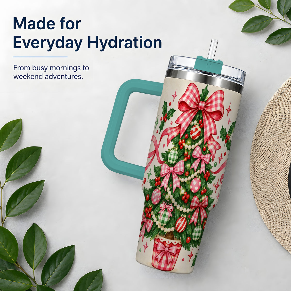 #pl[40oz|Green] Pink Gingham Bow Christmas Tree Tumbler, 40oz Stainless Steel Tumbler