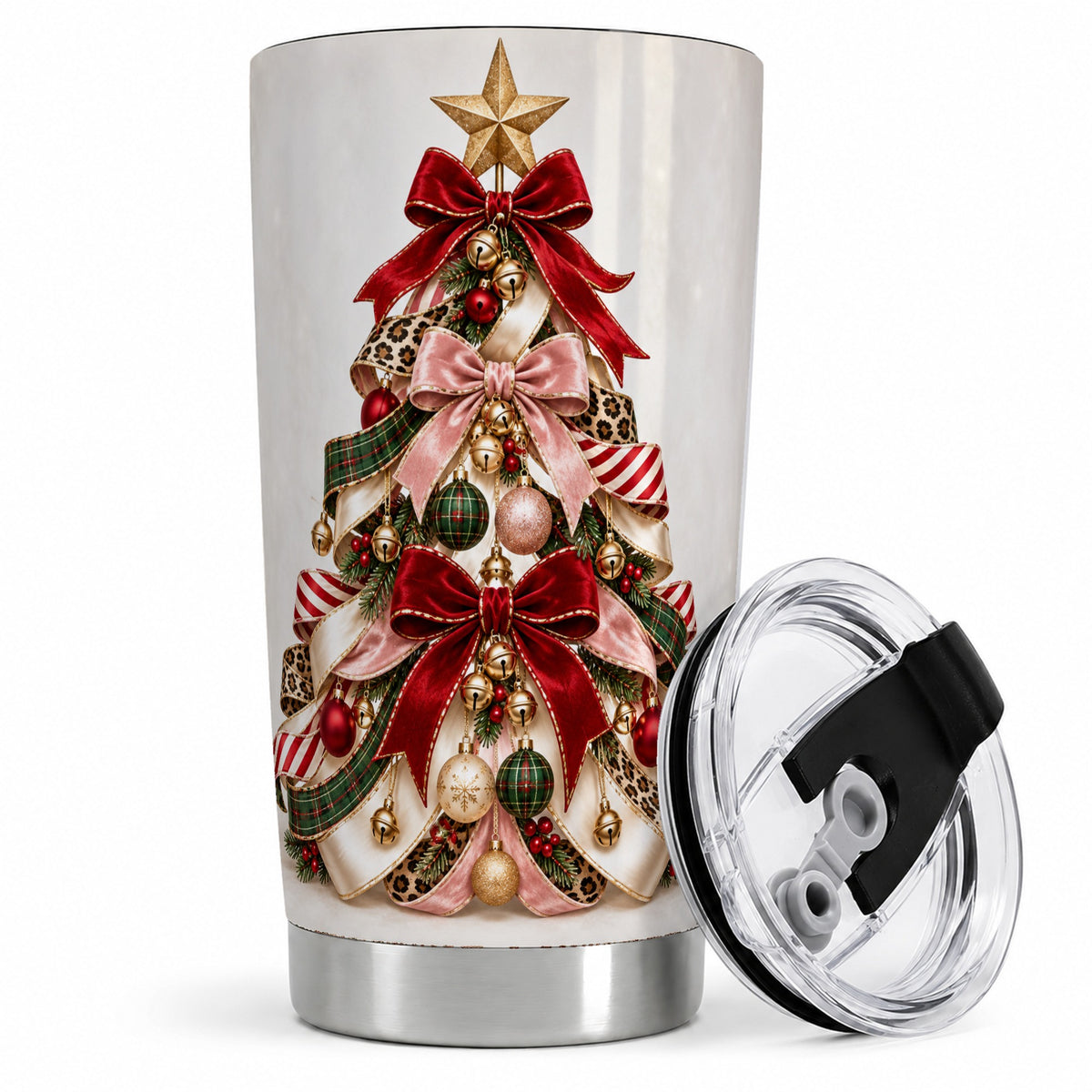 Ribbon Christmas Tree 20oz Tumbler, Festive Ornament Artwork