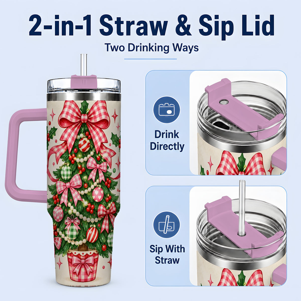 #pl[40oz|Pink] Pink Gingham Bow Christmas Tree Tumbler, 40oz Stainless Steel Tumbler