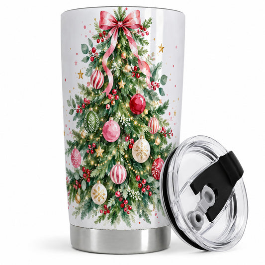 Watercolor Christmas Tree 20oz Tumbler, Pink Bow Holiday Artwork