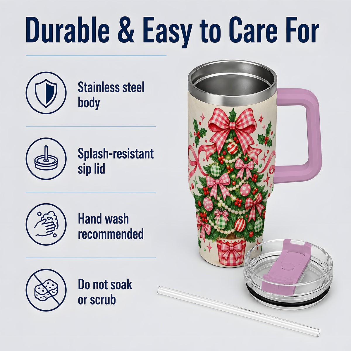 #pl[40oz|Pink] Pink Gingham Bow Christmas Tree Tumbler, 40oz Stainless Steel Tumbler