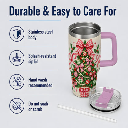 #pl[40oz|Pink] Pink Gingham Bow Christmas Tree Tumbler, 40oz Stainless Steel Tumbler