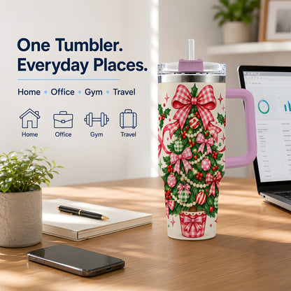 #pl[40oz|Pink] Pink Gingham Bow Christmas Tree Tumbler, 40oz Stainless Steel Tumbler