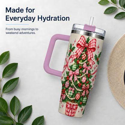 #pl[40oz|Pink] Pink Gingham Bow Christmas Tree Tumbler, 40oz Stainless Steel Tumbler