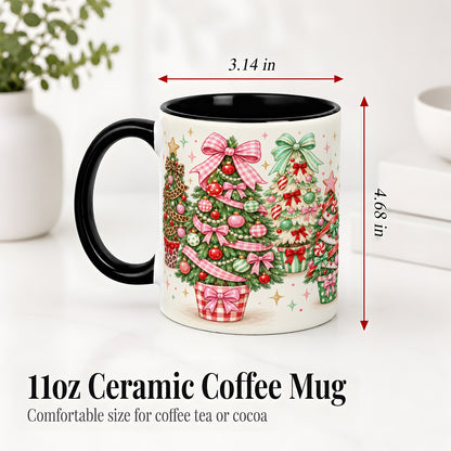 #pl[11oz|Black] Patterned Potted Christmas Trees Accent Mug, Ceramic Mug