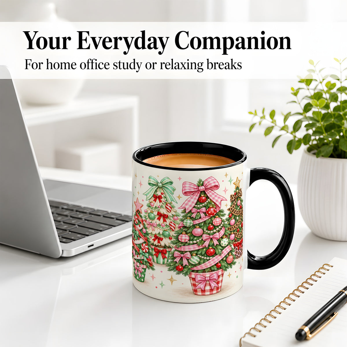 #pl[11oz|Black] Patterned Potted Christmas Trees Accent Mug, Ceramic Mug