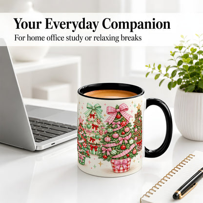 #pl[11oz|Black] Patterned Potted Christmas Trees Accent Mug, Ceramic Mug