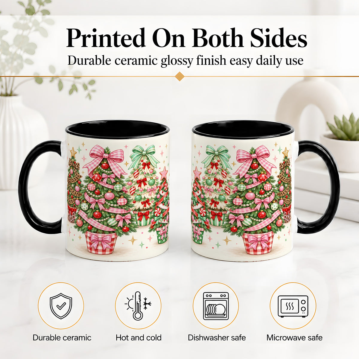 #pl[11oz|Black] Patterned Potted Christmas Trees Accent Mug, Ceramic Mug